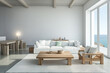© JuanM - Modern coastal living room with white furniture and ocean view during daytime