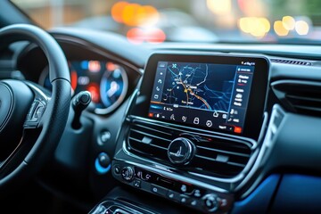 Closeup of car automobile interior with multimedia display screen and radio, Depth