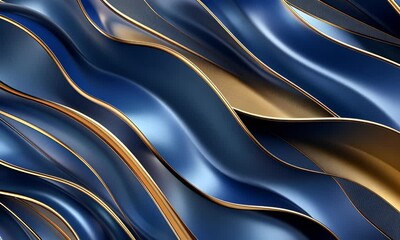 Poster - abstract blue and gold background with wavy patterns, 3d rendering illustration. abstract blue and g