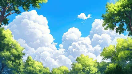 Sticker - Trees and fluffy white clouds contrast beautifully against a bright blue sky, creating a serene landscape filled with lush trees and soft, fluffy clouds, perfect for a tranquil atmosphere.