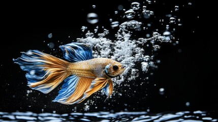 Poster - Vibrant Goldfish in Bubbles Against Dark Background
