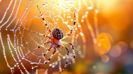 A spider sits in the center of its web with water droplets on the strands, with a warm, glowing sunset in the background.