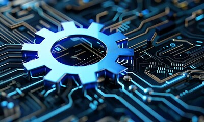 Poster - Blue gear icon on circuit board background, digital technology concept with gears and circuits for computer design or business system development


