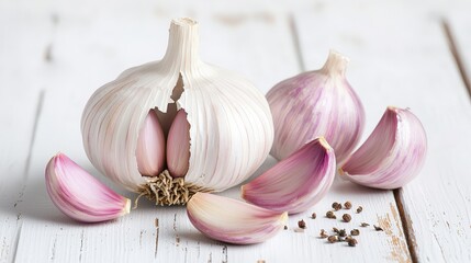 Fresh garlic bulb and cloves on a rustic white wooden table with black peppercorns, showcasing natural ingredients for cooking.