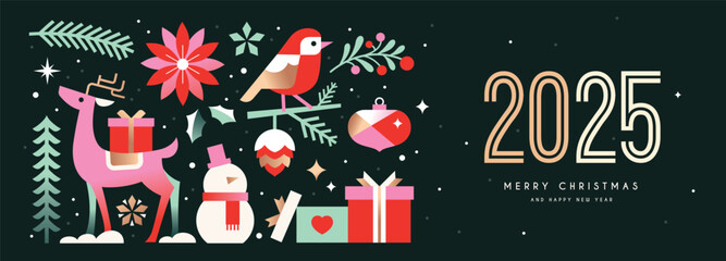 Merry Christmas and Happy New Year  background, banner, poster design with trendy flat style illustration.