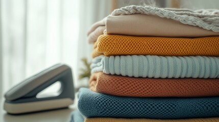 Poster - A stack of folded clothes with a handheld garment steamer in the foreground.