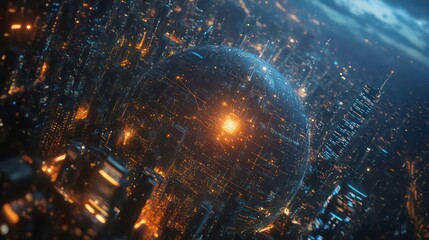 Aufkleber - A futuristic cityscape featuring a glowing spherical structure amidst skyscrapers.