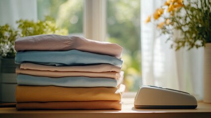 Poster - A stack of folded pastel colored shirts, a small white device, and a vase of flowers on a windowsill.