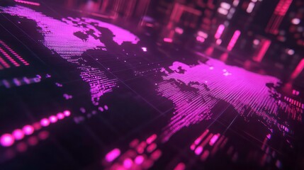 Poster - A digital world map in purple tones, illustrating technology and connectivity.
