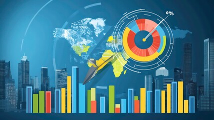 Aufkleber - A digital graphic illustrating global data analysis with charts and cityscape background.