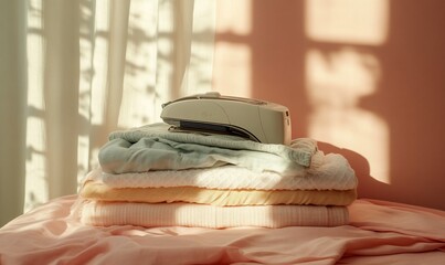 Wall Mural - A white handheld steamer sits on top of a stack of folded clothing, a pink wall and white curtains are in the background.