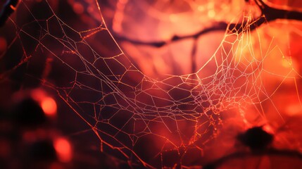 Poster - A close-up of a spider web glistening in warm light, showcasing intricate patterns.