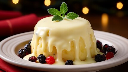 Delicious dessert with creamy custard and berries served at a festive gathering