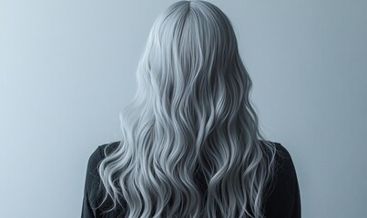 a woman with long, flowing silver hair stands with her back to the camera.