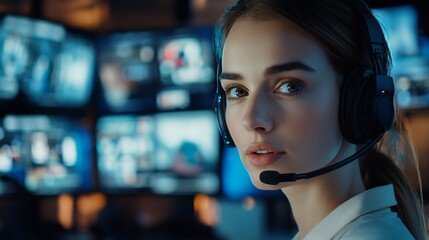 Poster - A young woman wearing a headset and looking directly at the camera, with a wall of computer monitors in the background.