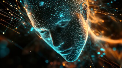 Aufkleber - A digital representation of a human-like face made of glowing particles and connections.