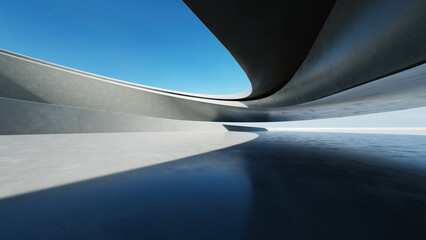 Poster - 3d render of white futuristic architecture, abstract wavy structure with empty concrete floor.