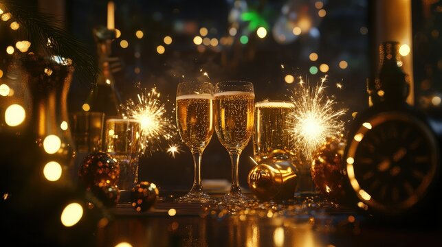 Happy New Year 2025 background featuring golden sparklers, glasses of champagne, and a festive countdown clock.