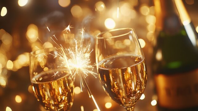 Happy New Year 2025 background featuring golden sparklers, glasses of champagne, and a festive countdown clock.