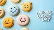 © Panuma - Colorful cookies shaped like smiley faces celebrating National Cookie Day on a blue background.