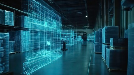 Poster - In a logistics center, supply chain network diagram is projected holographically with dynamic and dramatic compositions, including stock copy