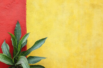 Photo of a yellow wall with a red border, with green plants․ 