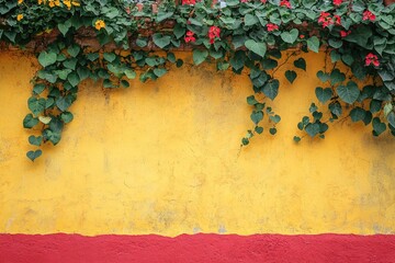 Photo of a yellow wall with a red border, with green plants․ 