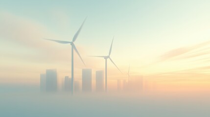 A city skyline with two wind turbines in the background