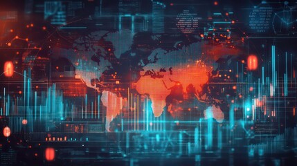 Poster - In the center of the composition is a world map, surrounded by abstract global data stats on a dark technological background. 3D rendering