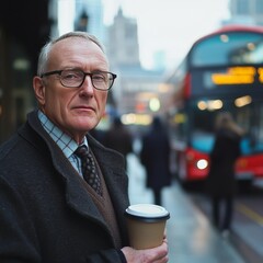 Man with coffee on London bus.