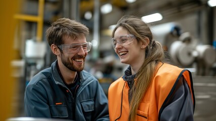 Two intelligent and happy engineers discuss elements of production at work.