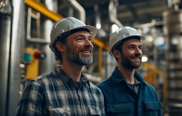 Two intelligent and happy engineers discuss elements of production at work.