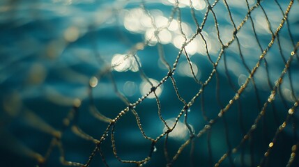 Close-up of a fishing net with sunlight reflecting off the water.