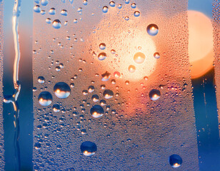 water droplets on a glass surface with a clean, transparent texture, highlighting the color blue and the abstract arrangement of the droplets