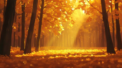 Poster - A serene autumn forest with golden leaves and soft sunlight filtering through the trees.