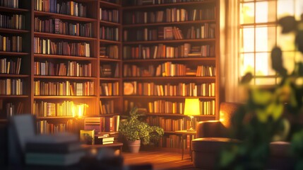 Aufkleber - A cozy library filled with books, a comfortable chair, and warm lighting for reading.