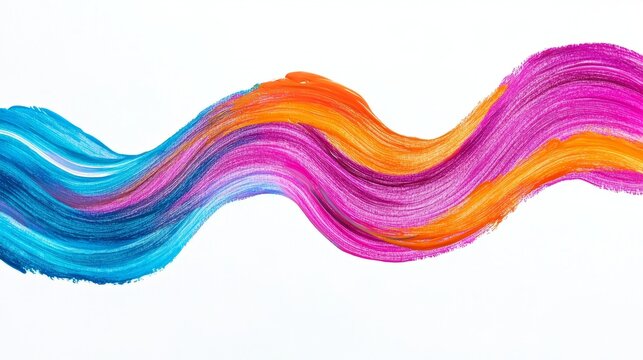 Colorful, wavy brush stroke of acrylic paint on white background, isolated with bright and bold hues. Ideal for art or design overlays