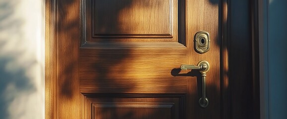 Poster - Close-up of a wooden door with a brass handle and a keyhole, sunlight casting shadows on the surface.