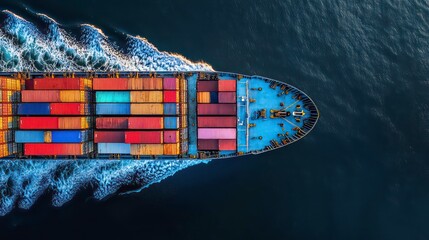 Poster - Aerial view of a cargo ship navigating through water, showcasing its colorful containers.