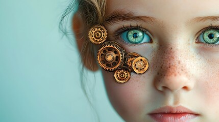 Closeup Portrait of Girl with Gears on Face