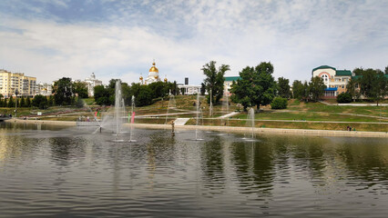 Wall Mural - Saransk, Russia - July 14, 2024: Fountain in the park. Republic of Mordovia. Morning. Summer day