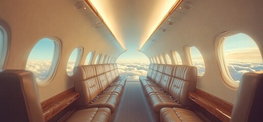 Poster - Empty airplane cabin with leather seats and large windows showing clouds.