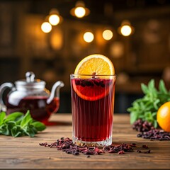 hibiscus tea with a slice of orange., herbal tea, drink, glass, tea, cup, hot, food, wine, beverage, red, beer, alcohol, christmas, green, closeup, cinnamon, white, leaf, mulled, fruit, mug, healthy, 