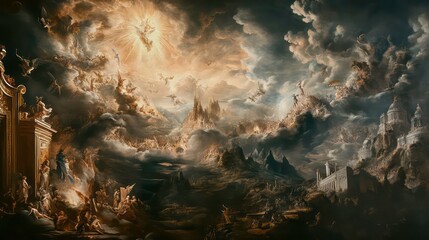 Poster - A dramatic celestial scene depicting angels, light, and ethereal landscapes.