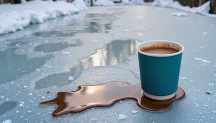 Spilled coffee cup on a snowy table with a blue cup and liquid spreading across the surface