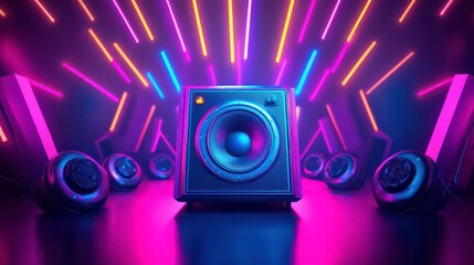 Poster - A vibrant display of speakers with colorful lighting, emphasizing sound and music.