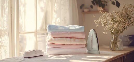 Poster - Folded clothes and iron on a table with a window in the background.