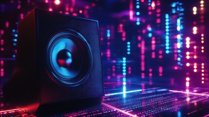 Poster - A close-up of a speaker against a futuristic digital background.