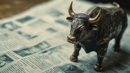 Poster - A bronze bull figurine placed on a newspaper, symbolizing market trends and investment.