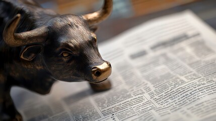 Poster - A bronze bull figurine rests on a newspaper, symbolizing market trends and finance.
